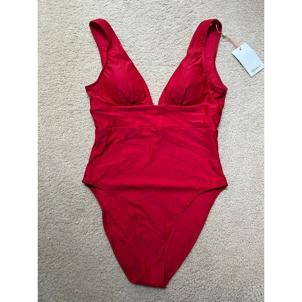 NEW Quince Italian Plunge One Piece Swimsuit Bathingsuit Cherry Red V Neck Wom M